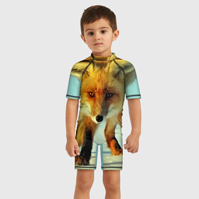 Детский купальный костюм 3D с принтом Лисица в Санкт-Петербурге, Полиэстер 85%, Спандекс 15% | застежка на молнии на спине | Тематика изображения на принте: 3d | другие | животные | зима | лиса | прикольные | природа | снег | хищники | цветные | яркие