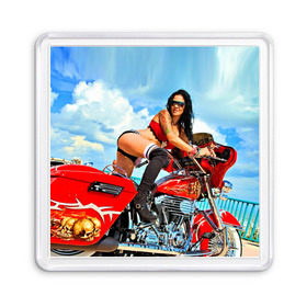 Магнит 55*55 с принтом Девушка на мотоцикле в Санкт-Петербурге, Пластик | Размер: 65*65 мм; Размер печати: 55*55 мм | Тематика изображения на принте: байкер