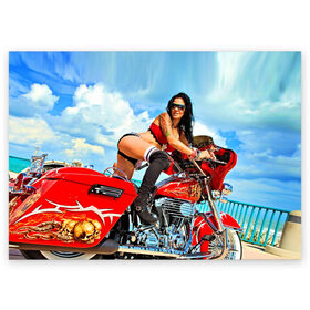 Поздравительная открытка с принтом Девушка на мотоцикле в Санкт-Петербурге, 100% бумага | плотность бумаги 280 г/м2, матовая, на обратной стороне линовка и место для марки
 | Тематика изображения на принте: байкер