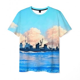 Мужская футболка 3D с принтом Корабль в Санкт-Петербурге, 100% полиэфир | прямой крой, круглый вырез горловины, длина до линии бедер | 3d | blue | брызги | вмф | вода | военный | волны | исторический | капли | корабль | лето | море | моряк | океан | природа | фрегат | шторм