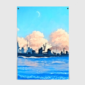 Постер с принтом Корабль в Санкт-Петербурге, 100% бумага
 | бумага, плотность 150 мг. Матовая, но за счет высокого коэффициента гладкости имеет небольшой блеск и дает на свету блики, но в отличии от глянцевой бумаги не покрыта лаком | 3d | blue | брызги | вмф | вода | военный | волны | исторический | капли | корабль | лето | море | моряк | океан | природа | фрегат | шторм
