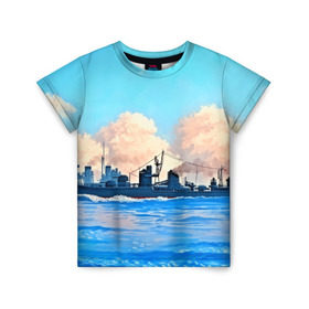 Детская футболка 3D с принтом Корабль в Санкт-Петербурге, 100% гипоаллергенный полиэфир | прямой крой, круглый вырез горловины, длина до линии бедер, чуть спущенное плечо, ткань немного тянется | 3d | blue | брызги | вмф | вода | военный | волны | исторический | капли | корабль | лето | море | моряк | океан | природа | фрегат | шторм
