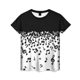 Женская футболка 3D с принтом Поглощение музыкой в Санкт-Петербурге, 100% полиэфир ( синтетическое хлопкоподобное полотно) | прямой крой, круглый вырез горловины, длина до линии бедер | абстракция | арт | дизайн | музыка | ноты | ритм