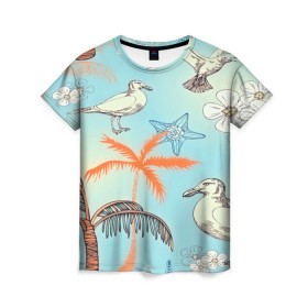 Женская футболка 3D с принтом Морской стиль в Санкт-Петербурге, 100% полиэфир ( синтетическое хлопкоподобное полотно) | прямой крой, круглый вырез горловины, длина до линии бедер | арт | море | пальмы | природа | птицы | цветные | цветы | чайки | яркие