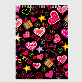 Скетчбук с принтом Love в Санкт-Петербурге, 100% бумага
 | 48 листов, плотность листов — 100 г/м2, плотность картонной обложки — 250 г/м2. Листы скреплены сверху удобной пружинной спиралью | kiss | love | звезды | любовь | подарок | поцелуй | сердце | цветы