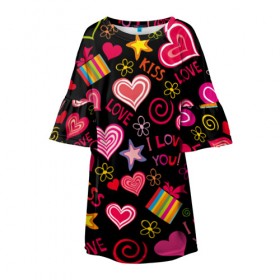 Детское платье 3D с принтом Love в Санкт-Петербурге, 100% полиэстер | прямой силуэт, чуть расширенный к низу. Круглая горловина, на рукавах — воланы | kiss | love | звезды | любовь | подарок | поцелуй | сердце | цветы