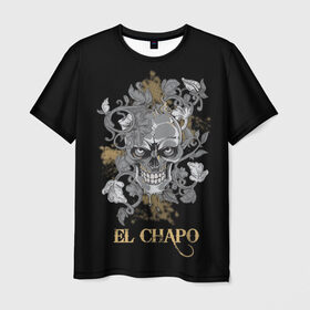 Мужская футболка 3D с принтом El Chapo в Санкт-Петербурге, 100% полиэфир | прямой крой, круглый вырез горловины, длина до линии бедер | Тематика изображения на принте: el chapo | глаза | скелет | тату | цветы | череп