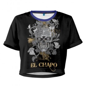 Женская футболка 3D укороченная с принтом El Chapo в Санкт-Петербурге, 100% полиэстер | круглая горловина, длина футболки до линии талии, рукава с отворотами | el chapo | глаза | скелет | тату | цветы | череп