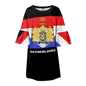 Детское платье 3D с принтом Флаг и герб Нидерланды в Санкт-Петербурге, 100% полиэстер | прямой силуэт, чуть расширенный к низу. Круглая горловина, на рукавах — воланы | Тематика изображения на принте: амстердам | голландия | европа