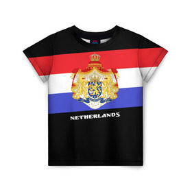 Детская футболка 3D с принтом Флаг и герб Нидерланды в Санкт-Петербурге, 100% гипоаллергенный полиэфир | прямой крой, круглый вырез горловины, длина до линии бедер, чуть спущенное плечо, ткань немного тянется | амстердам | голландия | европа