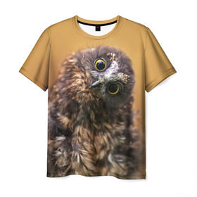 Мужская футболка 3D с принтом Совёнок в Санкт-Петербурге, 100% полиэфир | прямой крой, круглый вырез горловины, длина до линии бедер | Тематика изображения на принте: взгляд | глаза | клюв | пернатые | перья | прикол | птица | сова | юмор