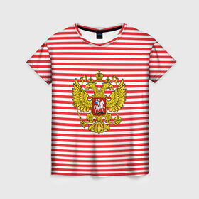 Женская футболка 3D с принтом Тельняшка ВВ и герб РФ в Санкт-Петербурге, 100% полиэфир ( синтетическое хлопкоподобное полотно) | прямой крой, круглый вырез горловины, длина до линии бедер | красный | полосатый