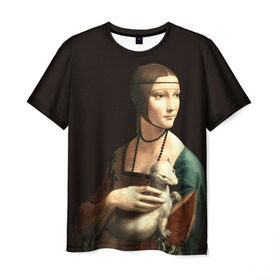 Мужская футболка 3D с принтом Дама с горностаем в Санкт-Петербурге, 100% полиэфир | прямой крой, круглый вырез горловины, длина до линии бедер | возрождение | горностаем | горностай | да винчи | дама | искусство | ласка | леонардо | о.м.с.к. | портрет