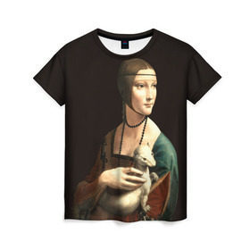 Женская футболка 3D с принтом Дама с горностаем в Санкт-Петербурге, 100% полиэфир ( синтетическое хлопкоподобное полотно) | прямой крой, круглый вырез горловины, длина до линии бедер | возрождение | горностаем | горностай | да винчи | дама | искусство | ласка | леонардо | о.м.с.к. | портрет