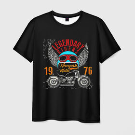 Мужская футболка 3D с принтом Мото 1976 в Санкт-Петербурге, 100% полиэфир | прямой крой, круглый вырез горловины, длина до линии бедер | Тематика изображения на принте: 3d | legendary riders | riders | rock | авто | автомобильные | гонщик | дорога | колеса | крылья | мото | мотоциклы | рок