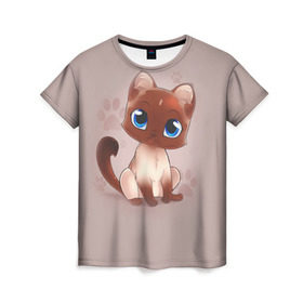 Женская футболка 3D с принтом Киска в Санкт-Петербурге, 100% полиэфир ( синтетическое хлопкоподобное полотно) | прямой крой, круглый вырез горловины, длина до линии бедер | взгляд | глаза | киска | кот | котёнок | кошка | лапа | след | хвост
