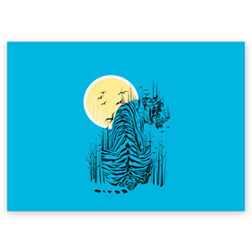 Поздравительная открытка с принтом тигр в Санкт-Петербурге, 100% бумага | плотность бумаги 280 г/м2, матовая, на обратной стороне линовка и место для марки
 | Тематика изображения на принте: арт | бамбук | восток | графика | живопись | китай | луна | небо | ночь | полосы | птицы | рисунок | творчество | хищник | япония