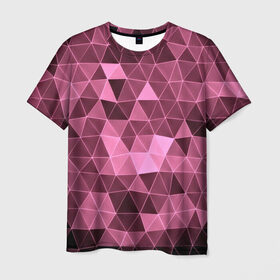 Мужская футболка 3D с принтом Розовые треугольники в Санкт-Петербурге, 100% полиэфир | прямой крой, круглый вырез горловины, длина до линии бедер | Тематика изображения на принте: abstract | gray | lowpoly | polygon | triangle | абстракция | геометрия | полигоны | треугольники