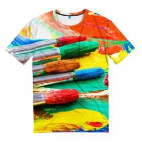 Мужская футболка 3D с принтом Кисти и краски в Санкт-Петербурге, 100% полиэфир | прямой крой, круглый вырез горловины, длина до линии бедер | 