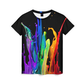 Женская футболка 3D с принтом Краски в Санкт-Петербурге, 100% полиэфир ( синтетическое хлопкоподобное полотно) | прямой крой, круглый вырез горловины, длина до линии бедер | background | black | bright | paint | rainbow | spectrum | splash | spray | брызги | всплеск | краски | радуга | спектр | фон | черный | яркие