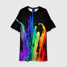 Детское платье 3D с принтом Краски в Санкт-Петербурге, 100% полиэстер | прямой силуэт, чуть расширенный к низу. Круглая горловина, на рукавах — воланы | background | black | bright | paint | rainbow | spectrum | splash | spray | брызги | всплеск | краски | радуга | спектр | фон | черный | яркие
