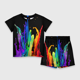 Детский костюм с шортами 3D с принтом Краски в Санкт-Петербурге,  |  | background | black | bright | paint | rainbow | spectrum | splash | spray | брызги | всплеск | краски | радуга | спектр | фон | черный | яркие