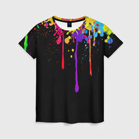 Женская футболка 3D с принтом Краски в Санкт-Петербурге, 100% полиэфир ( синтетическое хлопкоподобное полотно) | прямой крой, круглый вырез горловины, длина до линии бедер | Тематика изображения на принте: брызги | капли | кляксы | краски | спектр | яркие