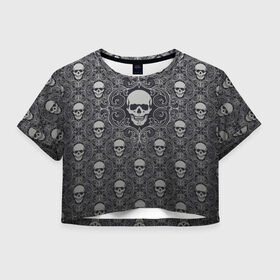 Женская футболка 3D укороченная с принтом Black Milk - Skulls - Черепа в Санкт-Петербурге, 100% полиэстер | круглая горловина, длина футболки до линии талии, рукава с отворотами | black milk | metall | pattern | rock | skulls | патерн | узор | череп | черепа | черная