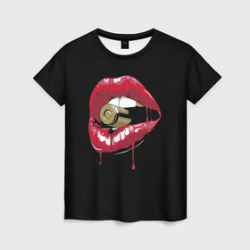 Женская футболка 3D с принтом Пуля в зубах в Санкт-Петербурге, 100% полиэфир ( синтетическое хлопкоподобное полотно) | прямой крой, круглый вырез горловины, длина до линии бедер | губы | золотой зуб | краска | красная помада | красный | пуля