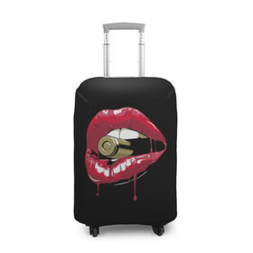 Чехол для чемодана 3D с принтом Пуля в зубах в Санкт-Петербурге, 86% полиэфир, 14% спандекс | двустороннее нанесение принта, прорези для ручек и колес | губы | золотой зуб | краска | красная помада | красный | пуля