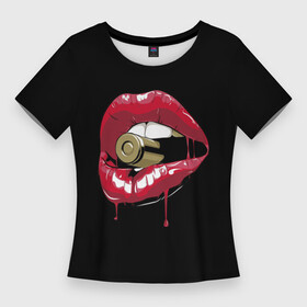 Женская футболка 3D Slim с принтом Пуля в зубах в Санкт-Петербурге,  |  | губы | золотой зуб | краска | красная помада | красный | пуля