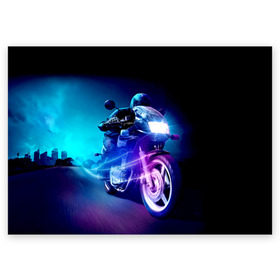 Поздравительная открытка с принтом Мотоциклист в Санкт-Петербурге, 100% бумага | плотность бумаги 280 г/м2, матовая, на обратной стороне линовка и место для марки
 | city | light | motocross | motorcycle | motorcyclist | night | silhouette | speed | город | мотокросс | мотоцикл | мотоциклист | ночь | свет | силуэт | скорость