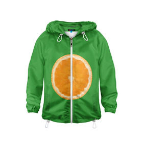 Детская ветровка 3D с принтом Низкополигональный апельсин в Санкт-Петербурге, 100% полиэстер | подол и капюшон оформлены резинкой с фиксаторами, по бокам два кармана без застежек, один потайной карман на груди | lowpoly | polygonal | апельсин | зеленый | оранджевый | полигон | полигональный | полигоны | яркий