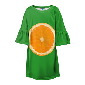 Детское платье 3D с принтом Низкополигональный апельсин в Санкт-Петербурге, 100% полиэстер | прямой силуэт, чуть расширенный к низу. Круглая горловина, на рукавах — воланы | Тематика изображения на принте: lowpoly | polygonal | апельсин | зеленый | оранджевый | полигон | полигональный | полигоны | яркий
