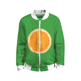Детский бомбер 3D с принтом Низкополигональный апельсин в Санкт-Петербурге, 100% полиэстер | застегивается на молнию, по бокам два кармана без застежек, мягкие манжеты, по низу бомбера и на воротнике — эластичная резинка | Тематика изображения на принте: lowpoly | polygonal | апельсин | зеленый | оранджевый | полигон | полигональный | полигоны | яркий