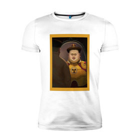 Мужская футболка премиум с принтом Счастливый Ким в Санкт-Петербурге, 92% хлопок, 8% лайкра | приталенный силуэт, круглый вырез ворота, длина до линии бедра, короткий рукав | ким чен ын | северная корея