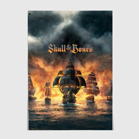 Постер с принтом Skull and Bones в Санкт-Петербурге, 100% бумага
 | бумага, плотность 150 мг. Матовая, но за счет высокого коэффициента гладкости имеет небольшой блеск и дает на свету блики, но в отличии от глянцевой бумаги не покрыта лаком | игра | корабль | кости | море | огонь | пират | пламя | череп