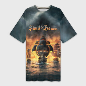 Платье-футболка 3D с принтом Skull and Bones в Санкт-Петербурге,  |  | игра | корабль | кости | море | огонь | пират | пламя | череп