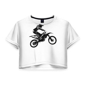 Женская футболка 3D укороченная с принтом Мотокросс в Санкт-Петербурге, 100% полиэстер | круглая горловина, длина футболки до линии талии, рукава с отворотами | motocross | motorcycle | motorcyclist | silhouette | speed | stencil | мотокросс | мотоцикл | мотоциклист | силуэт | скорость | трафарет