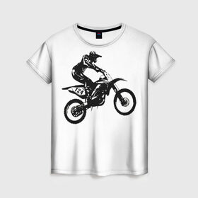 Женская футболка 3D с принтом Мотокросс в Санкт-Петербурге, 100% полиэфир ( синтетическое хлопкоподобное полотно) | прямой крой, круглый вырез горловины, длина до линии бедер | motocross | motorcycle | motorcyclist | silhouette | speed | stencil | мотокросс | мотоцикл | мотоциклист | силуэт | скорость | трафарет