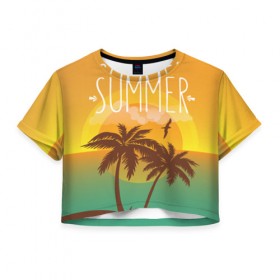 Женская футболка 3D укороченная с принтом Летний пляж в Санкт-Петербурге, 100% полиэстер | круглая горловина, длина футболки до линии талии, рукава с отворотами | summer | sun | лето | море | пальмы | пляж | солнце | чайка