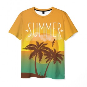 Мужская футболка 3D с принтом Летний пляж в Санкт-Петербурге, 100% полиэфир | прямой крой, круглый вырез горловины, длина до линии бедер | summer | sun | лето | море | пальмы | пляж | солнце | чайка