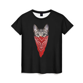 Женская футболка 3D с принтом Котомафия в Санкт-Петербурге, 100% полиэфир ( синтетическое хлопкоподобное полотно) | прямой крой, круглый вырез горловины, длина до линии бедер | бандана | гангстер | кот | котик | кошка | мафия