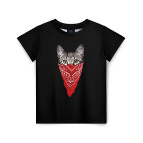 Детская футболка 3D с принтом Котомафия в Санкт-Петербурге, 100% гипоаллергенный полиэфир | прямой крой, круглый вырез горловины, длина до линии бедер, чуть спущенное плечо, ткань немного тянется | бандана | гангстер | кот | котик | кошка | мафия