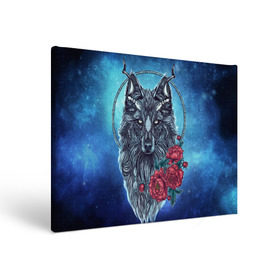 Холст прямоугольный с принтом Волк с цветами в Санкт-Петербурге, 100% ПВХ |  | арт | волк | космос | пионы | цветы