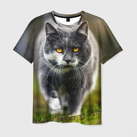 Мужская футболка 3D с принтом Котэ в Санкт-Петербурге, 100% полиэфир | прямой крой, круглый вырез горловины, длина до линии бедер | Тематика изображения на принте: глаза | киска | кот | котёнок | кошка | усы