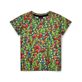 Детская футболка 3D с принтом Попугаи в Санкт-Петербурге, 100% гипоаллергенный полиэфир | прямой крой, круглый вырез горловины, длина до линии бедер, чуть спущенное плечо, ткань немного тянется | ара | животные | паттрен | попугай | птицы | птички | текстура | тропики