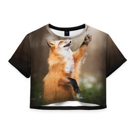 Женская футболка 3D укороченная с принтом Лиса в Санкт-Петербурге, 100% полиэстер | круглая горловина, длина футболки до линии талии, рукава с отворотами | лапа | лес | лис | лисица | лисичка