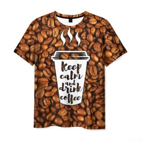 Мужская футболка 3D с принтом keep calm and drink coffee в Санкт-Петербурге, 100% полиэфир | прямой крой, круглый вырез горловины, длина до линии бедер | coffee | keep calm | кофе