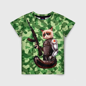 Детская футболка 3D с принтом Воинственный кот в Санкт-Петербурге, 100% гипоаллергенный полиэфир | прямой крой, круглый вырез горловины, длина до линии бедер, чуть спущенное плечо, ткань немного тянется | Тематика изображения на принте: армия | арт | воин | животные | камуфляж | оружие